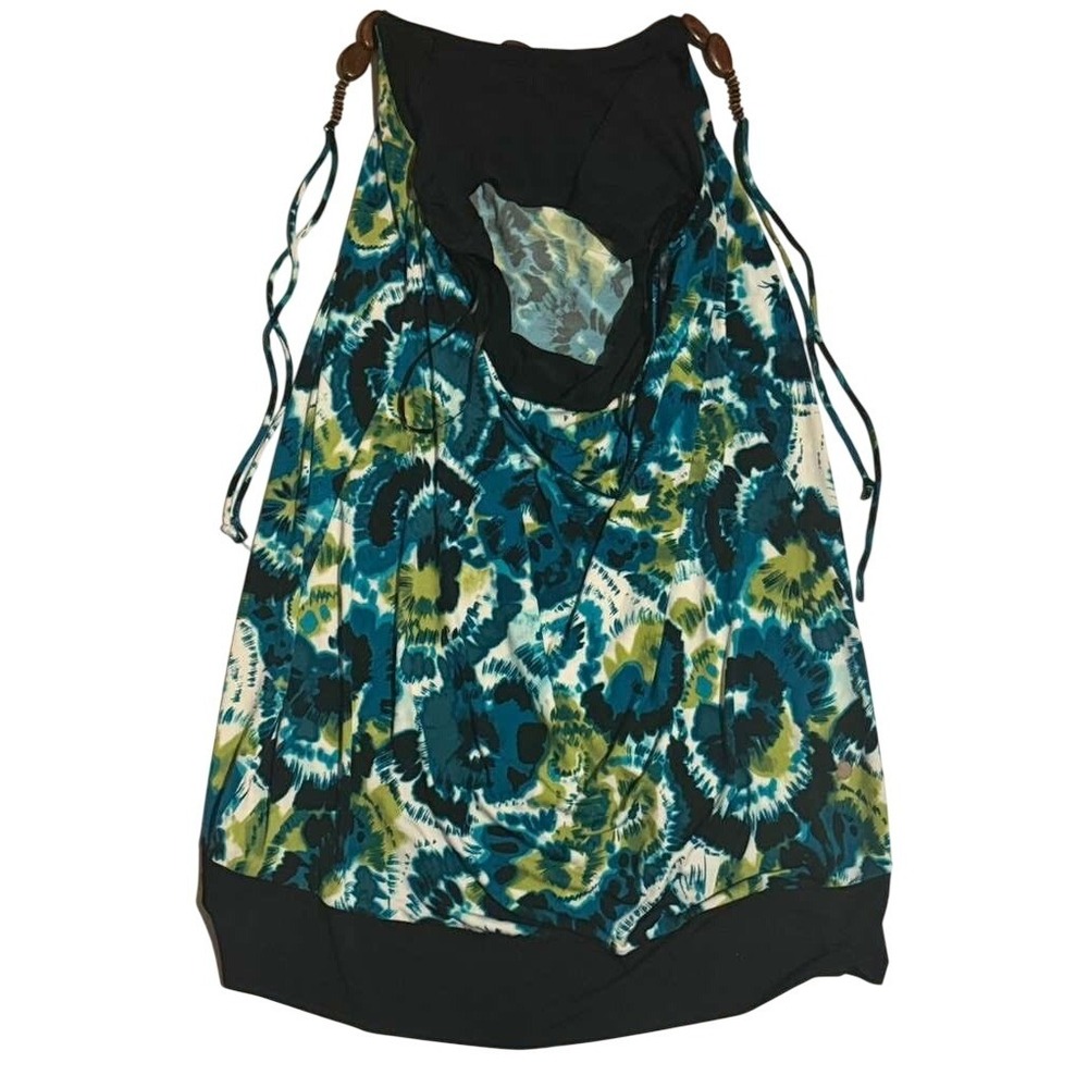 Apt. 9 Womens XL Teal Green Tie Dye Halter Top Wooden Beaded Neckline Blouson